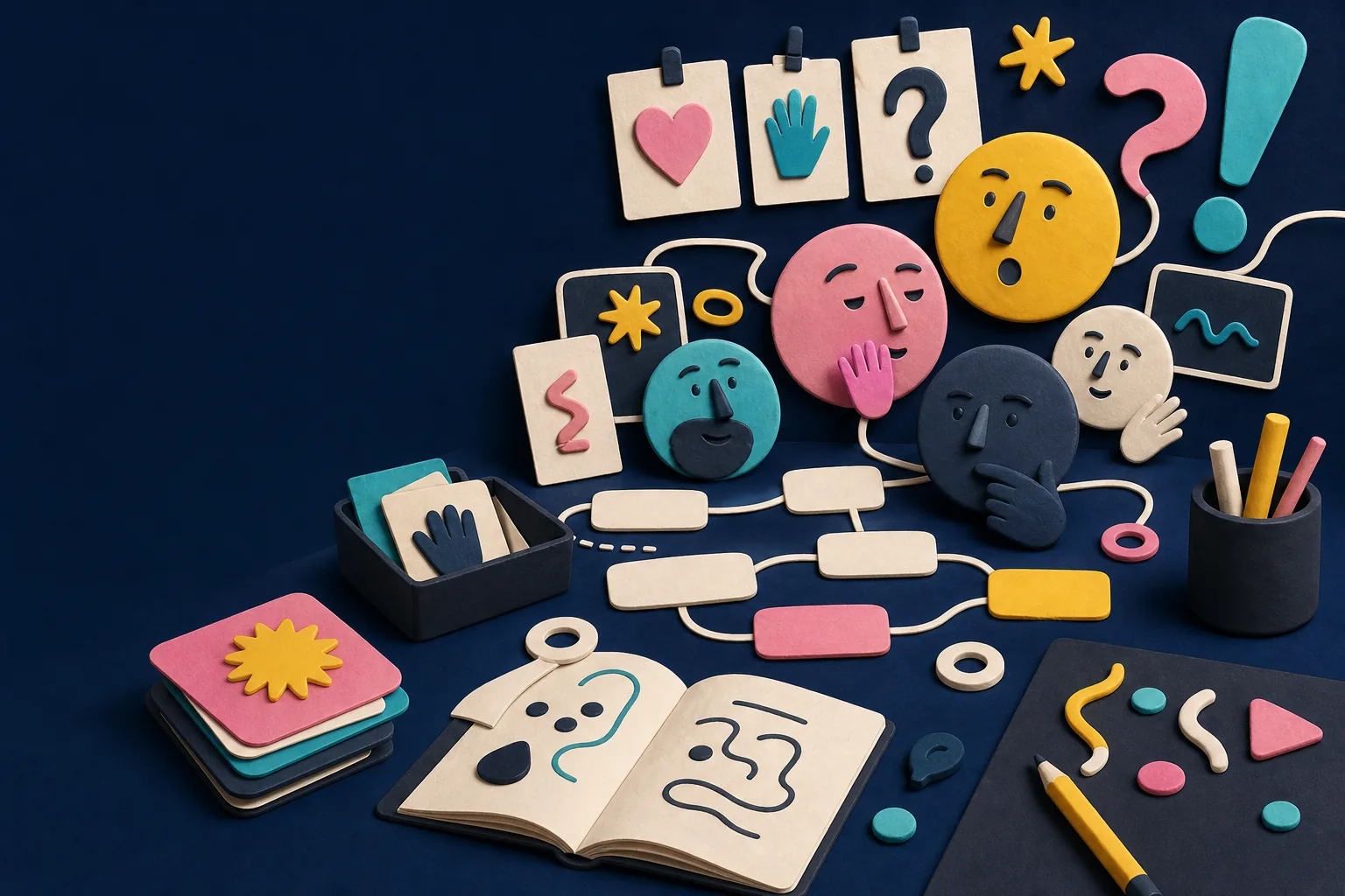 Original illustrated emoji language desk with expressive abstract faces and phrase tiles